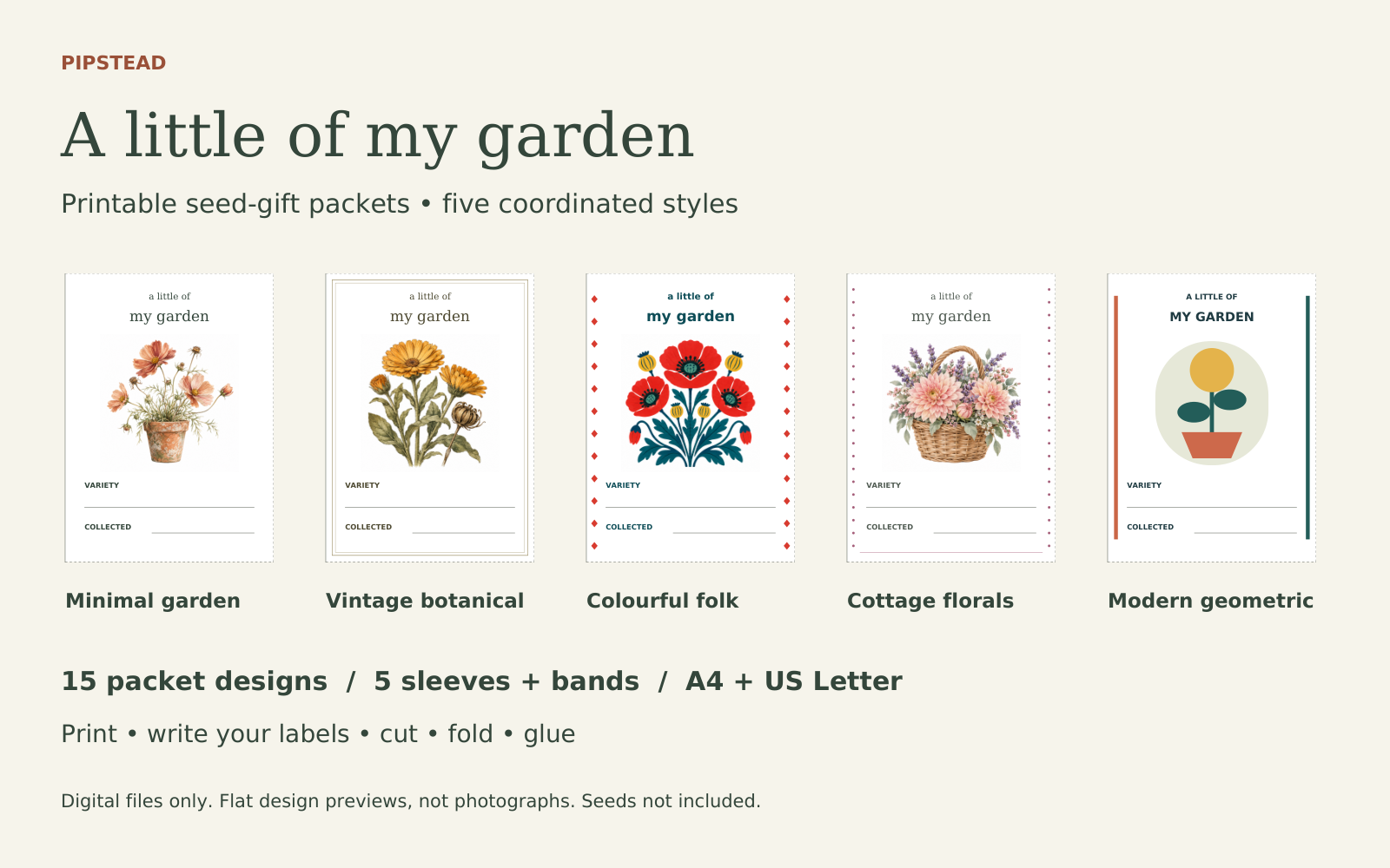 Actual packet-face previews from five A Little of My Garden styles: minimal, vintage botanical, colourful folk, cottage floral and modern geometric.