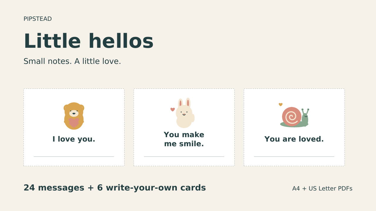 Three original Little hellos cards: I love you, You make me smile, and You are loved.