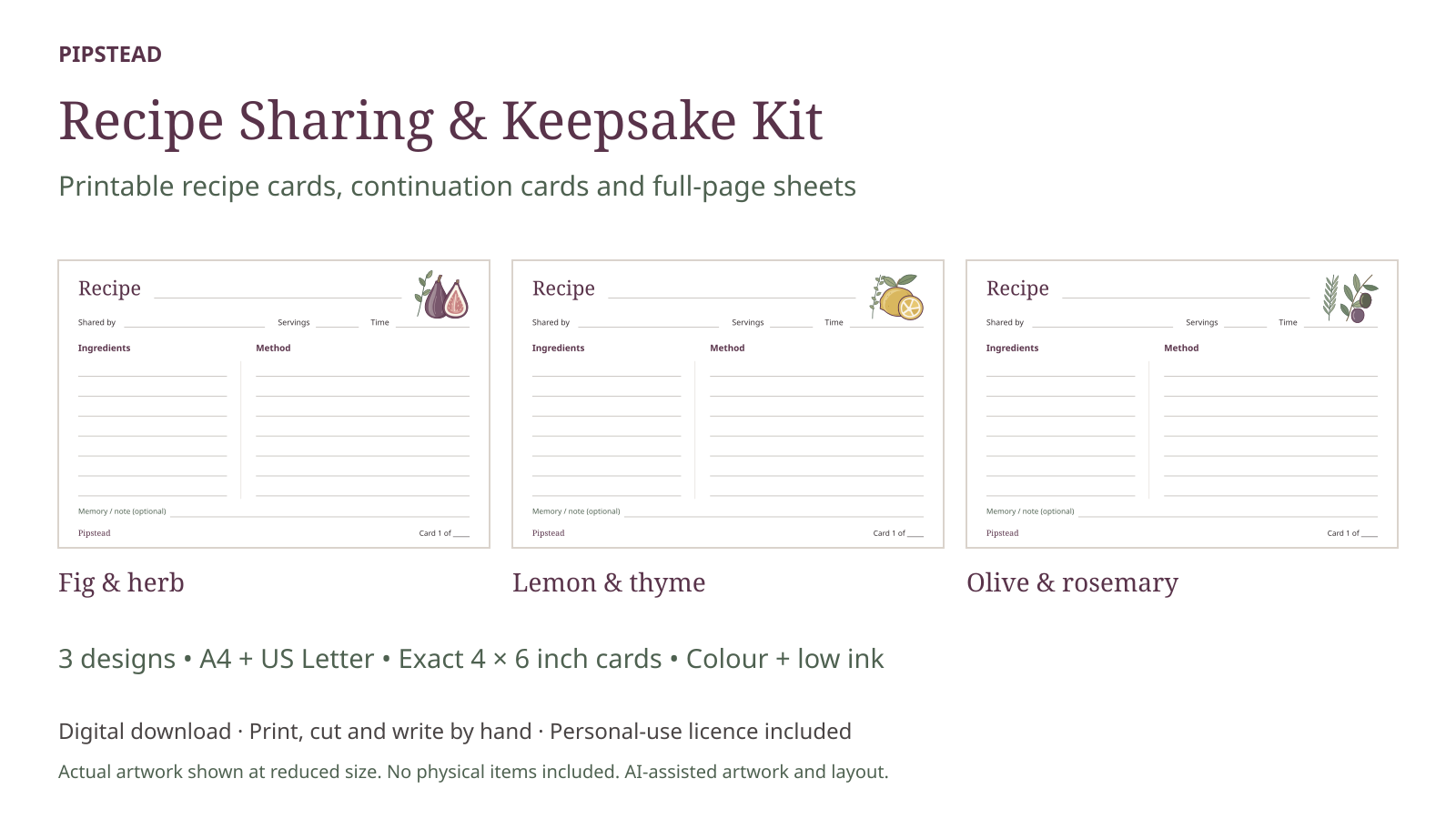 Released original recipe cards in Fig and herb, Lemon and thyme, and Olive and rosemary designs.