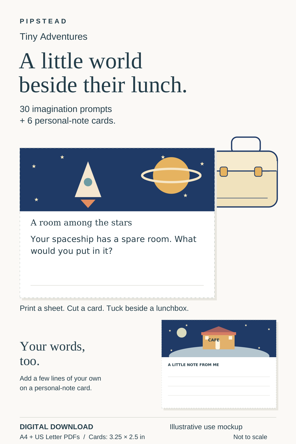 Illustrative Tiny Adventures use mockup: a spaceship prompt beside a drawn lunchbox and a personal-note card with a café-on-the-moon drawing.
