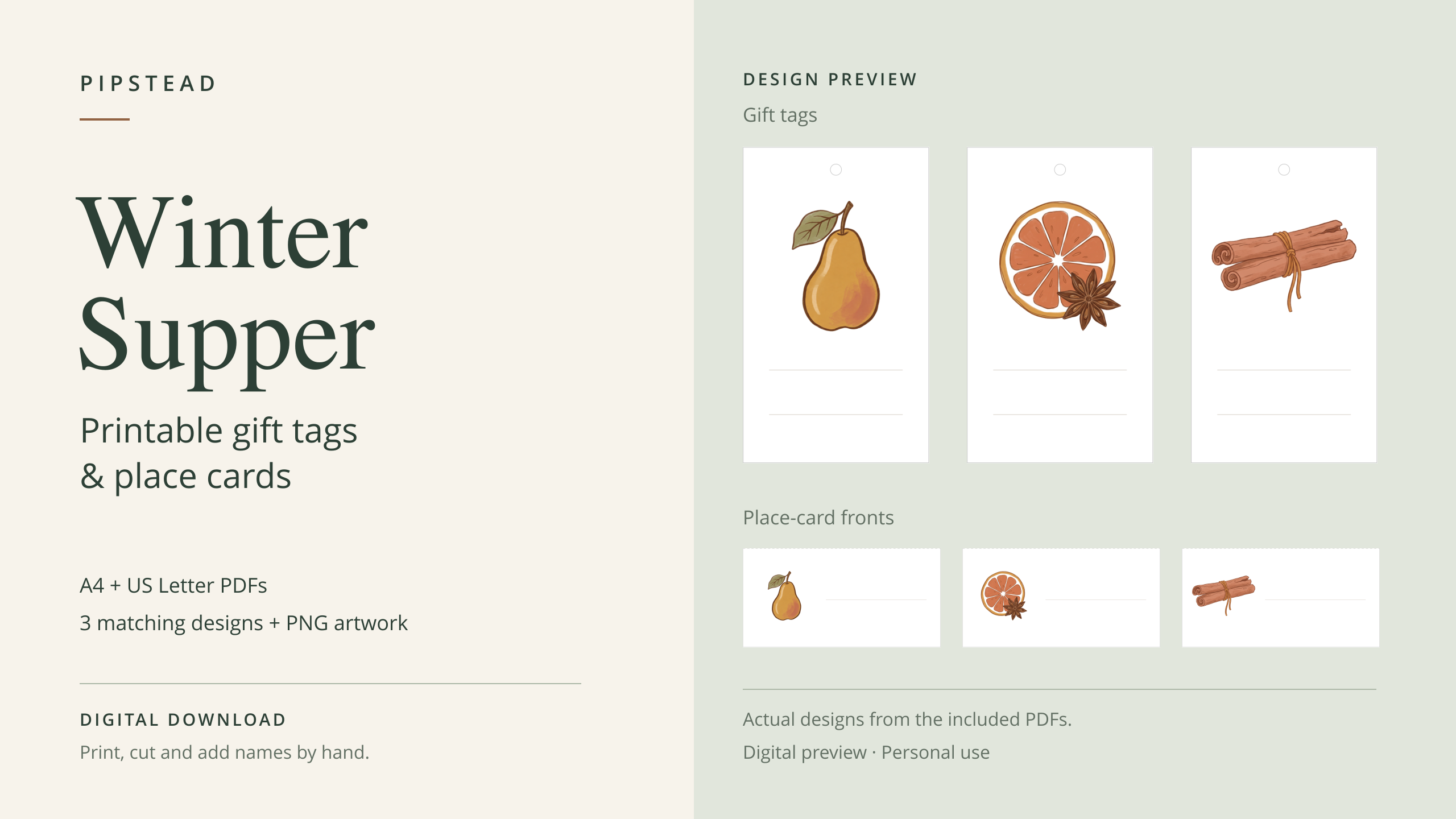 Released Winter Supper pear, orange with star anise, and cinnamon gift-tag and place-card designs.